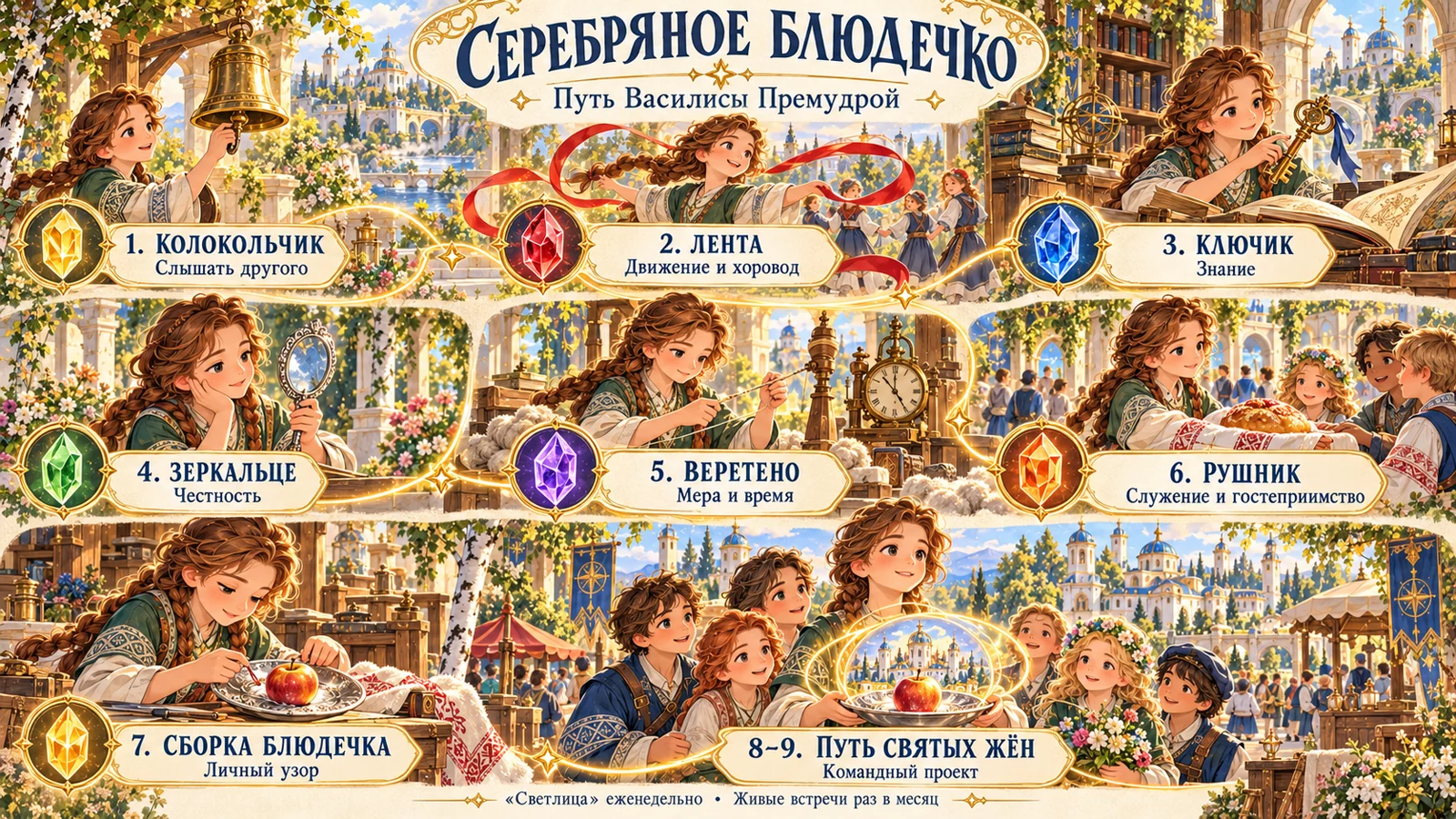 Дорожная карта года «Серебряное Блюдечко — Путь Василисы Премудрой»: 1 Колокольчик, 2 Лента, 3 Ключик, 4 Зеркальце, 5 Веретено, 6 Рушник, 7 Сборка Блюдечка, 8–9 Путь Святых жён