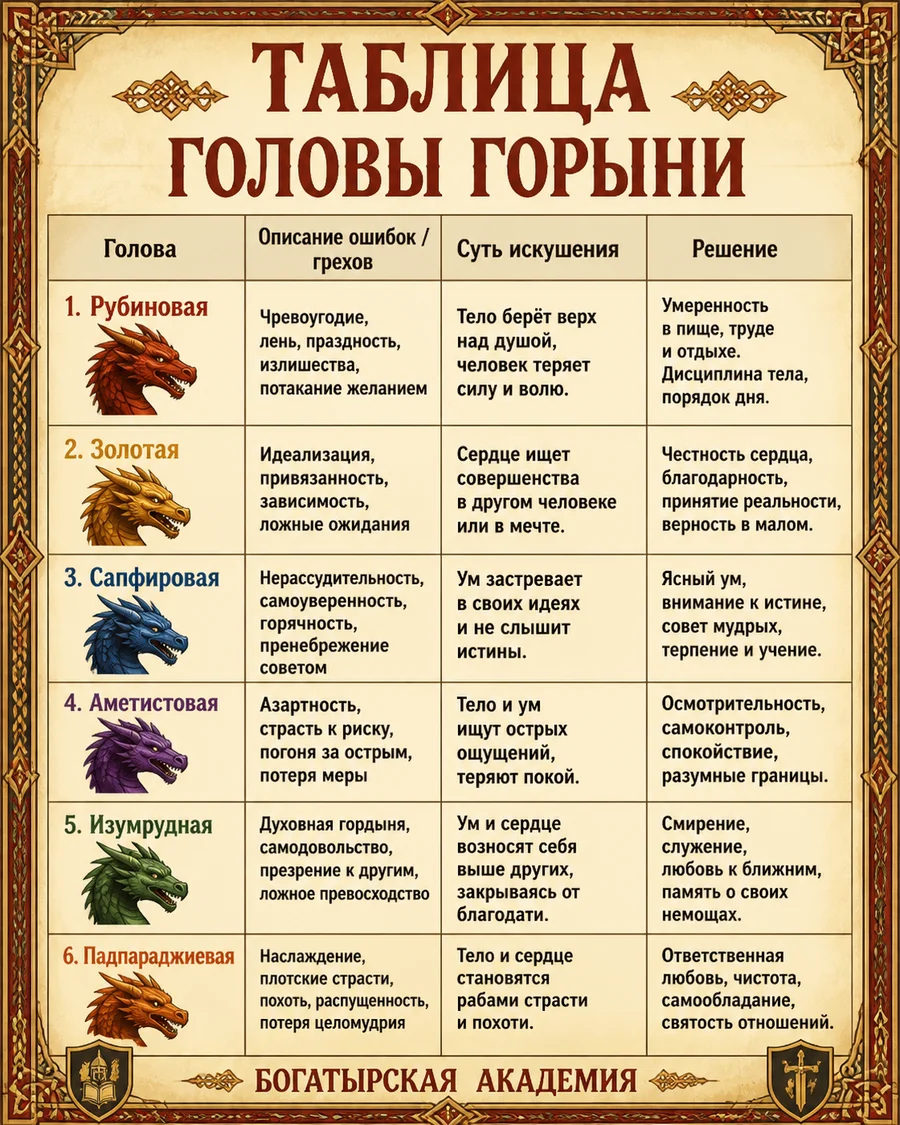 Таблица Головы Горыни: Рубиновая, Золотая, Сапфировая, Аметистовая, Изумрудная, Падпараджиевая — ошибки, суть искушения, решение